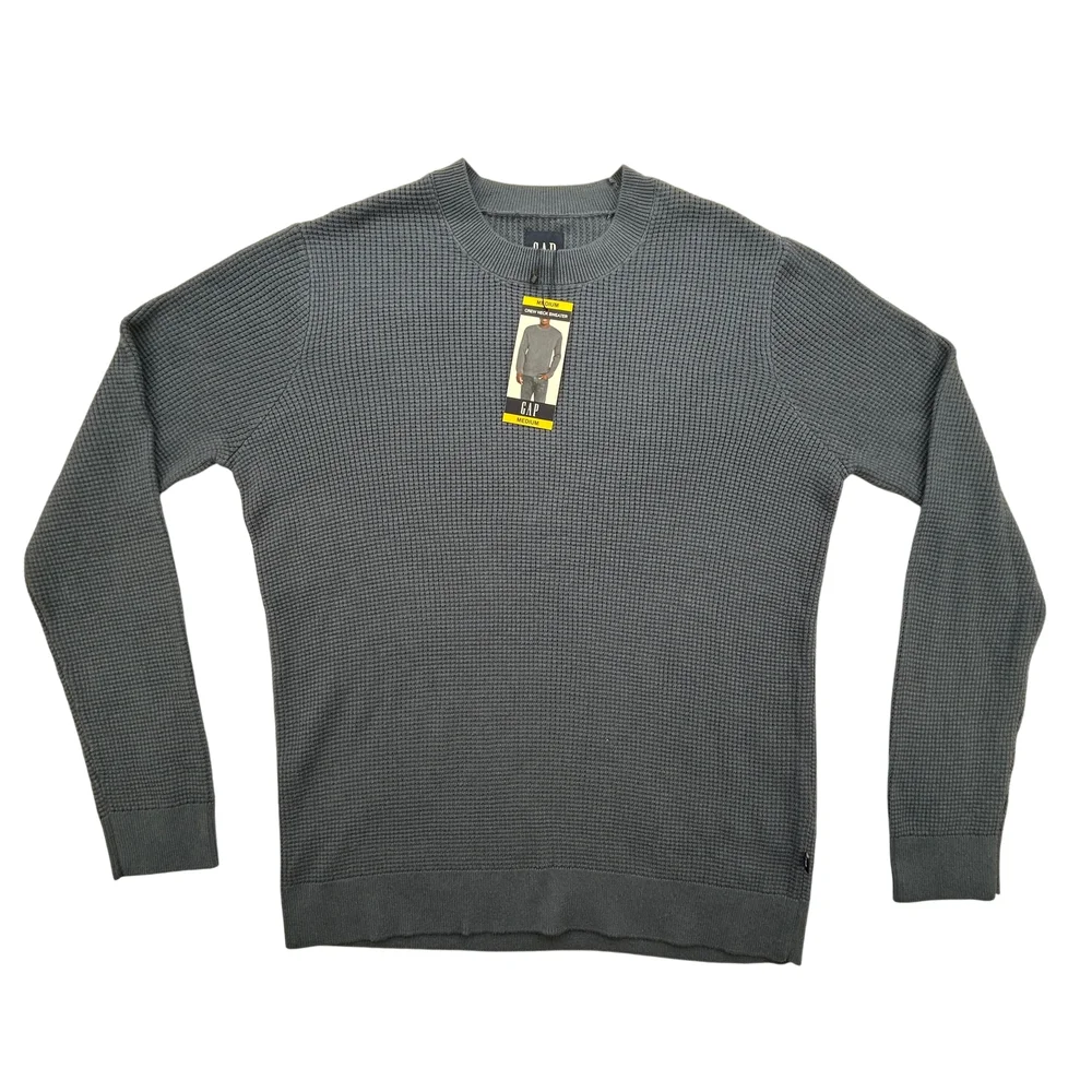 GAP Sweater Mens Medium Crew Neck Gray Waffle Knit Pullover Classic New Tag